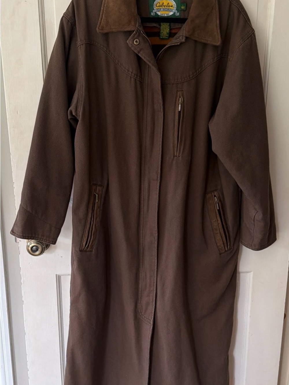 Women’s Large Cabela's Brown Long Trench Coat with Leather Collar